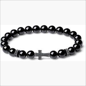 Black Tourmaline Tiger Eye Beaded Stretch Bracelet with Cross Charm